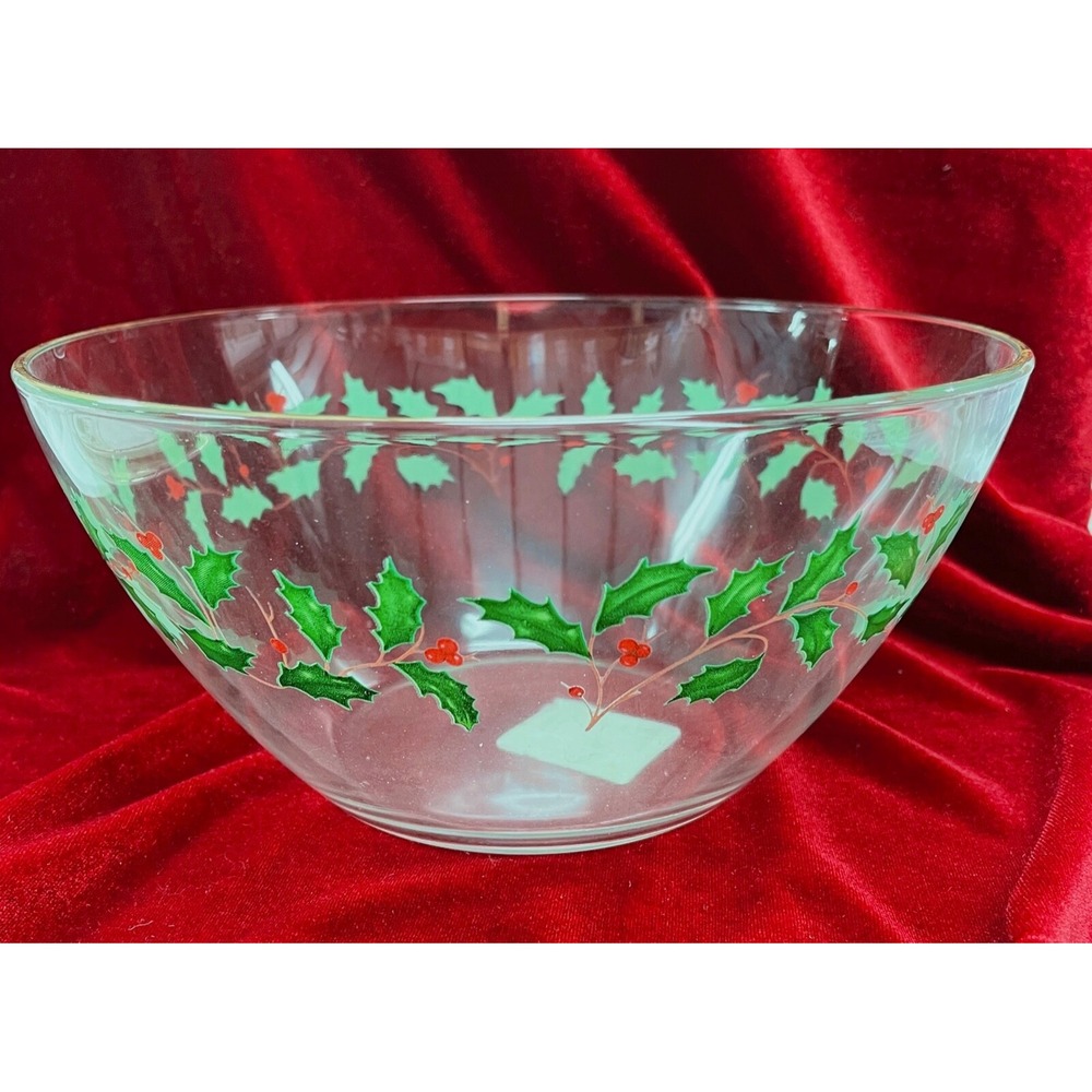 Vintage Christmas Holly Berry Glass Serving Bowl Gold‎ Rim Holiday Decor